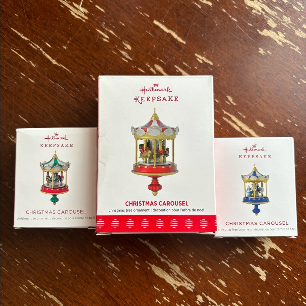 Hallmark Christmas Carousel Ornament Set - Red, Green, Gold